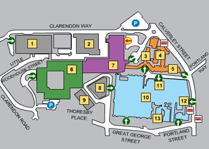 Map showing the LGI site. The entrance is number 11 in the blue section
