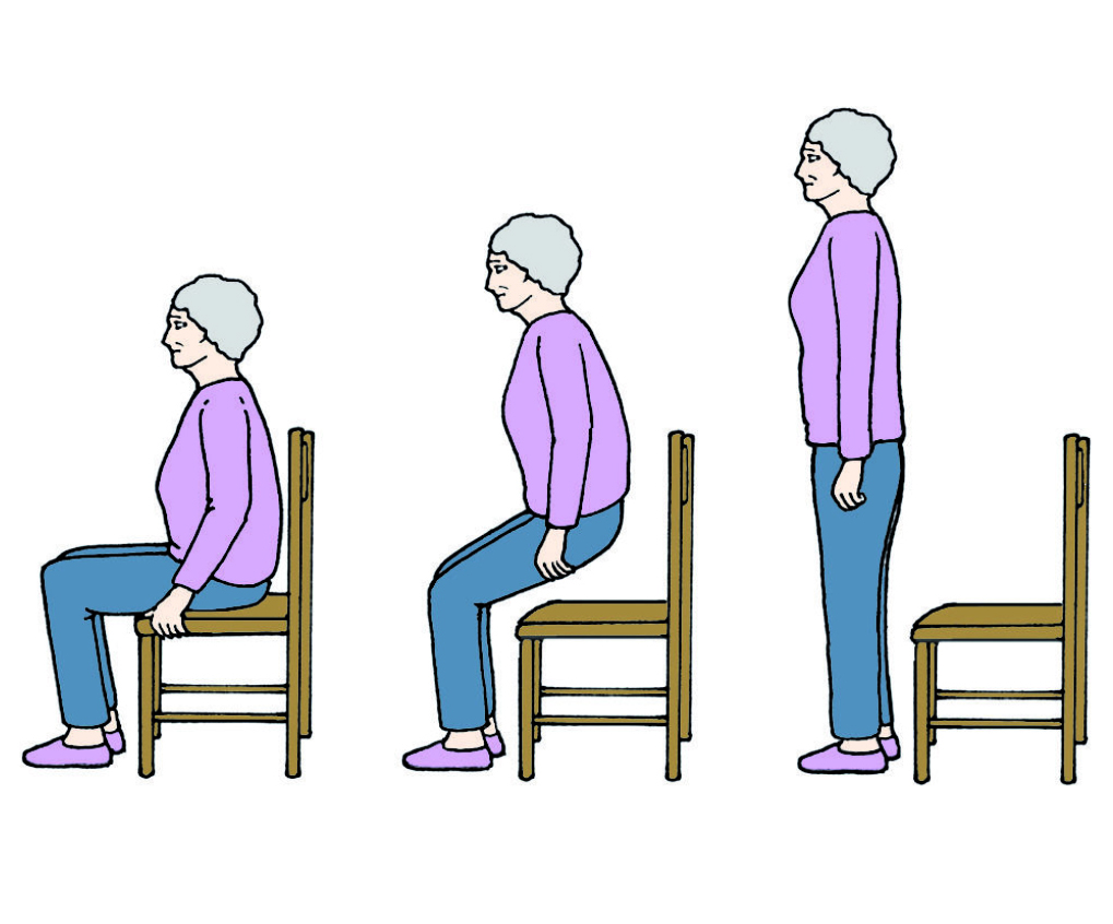 Illustration of the Sit to stand exercise: 

Sit in a chair. Feet on the floor, shoulder width apart. Stand up. Sit down slowly. Repeat 8-10 times, twice per day. 



In order to progress this aim to stand without using your arms to help you stand from the chair. 