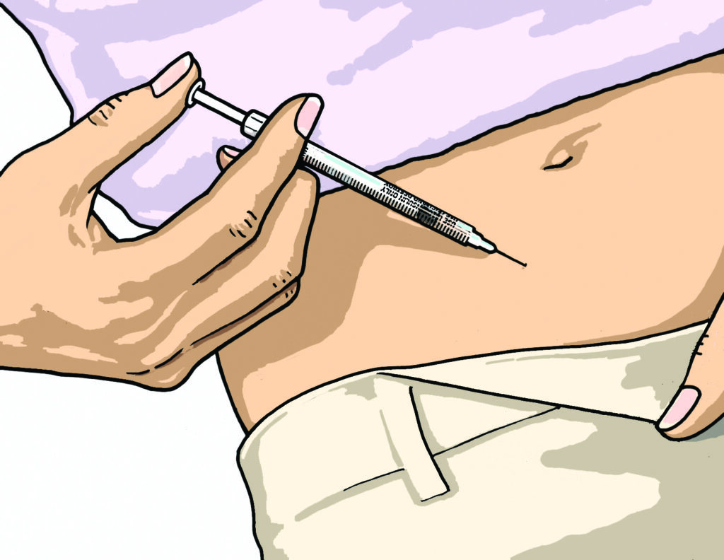 An illustration of fertility medicines being injected through the belly skin.