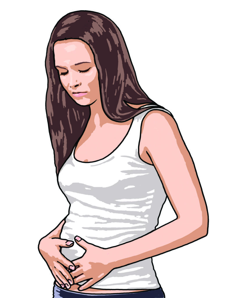 Illustration of a woman looking unhappy with her hands on her mildly swollen but sore belly.
