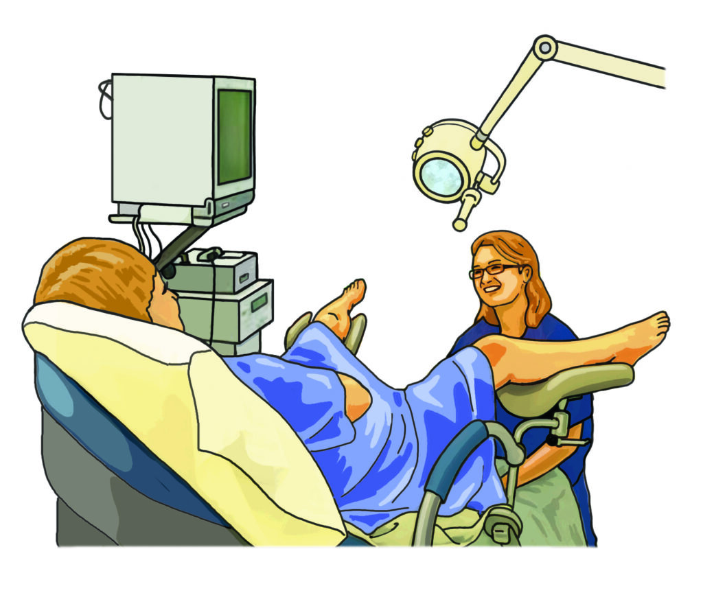 Illustration showing a patient on an examination couch with their legs on supports and the doctor sitting between their legs ready to perform the examination. The ultrasound machine and screen are next to them