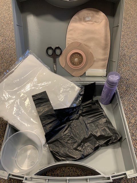 Photo showing the equipment needed to change a one piece stoma bag