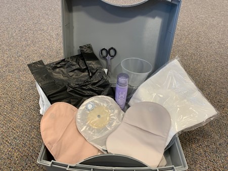 Photo showing the equipment needed to change a one piece stoma bag
