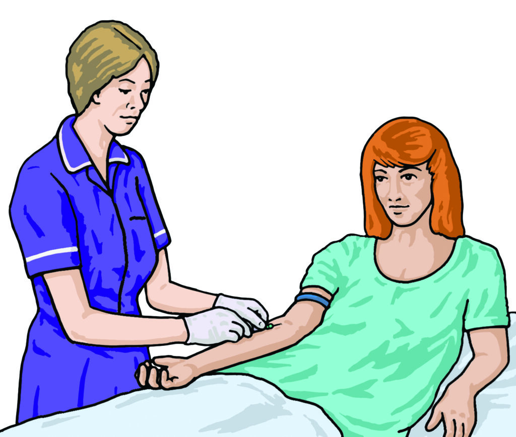 A drawing of a nurse taking blood from a woman&rsquo;s arm.