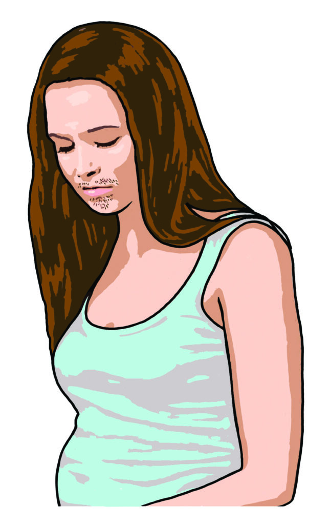 A drawing of a woman looking fed up with some weight gain and facial hair growth.