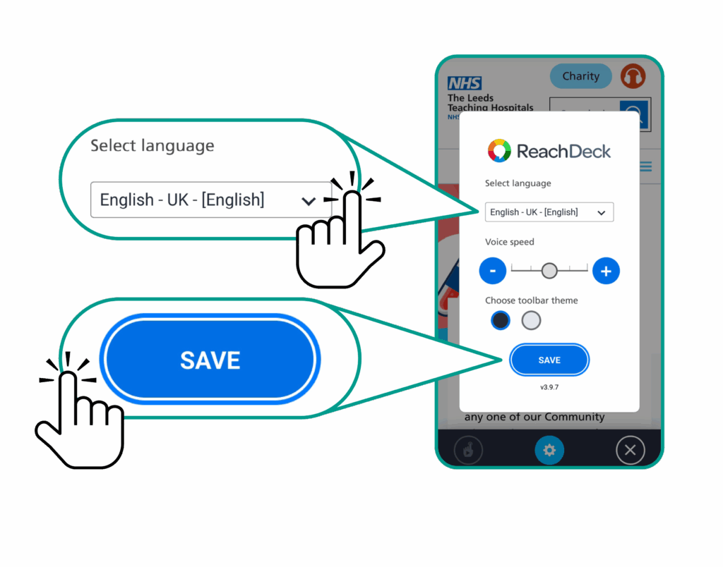 Tap the top box to select a language, then tap the blue save button at the bottom.
