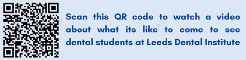 A QR Code taking you to a YouTube video about what its like to come to see dental students at Leeds Dental Institute.