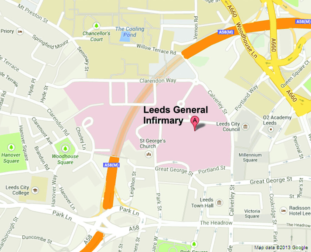 A map of Leeds showing where Leeds General Infirmary is.