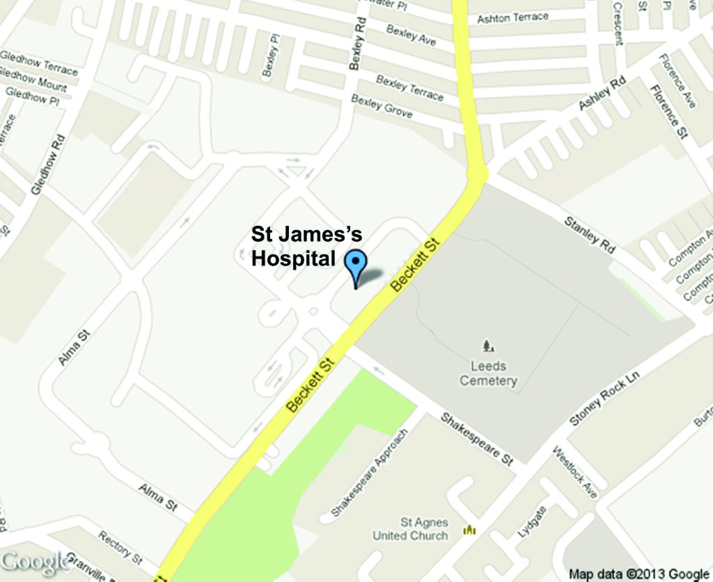 A map showing the location of 
St James's University Hospital.