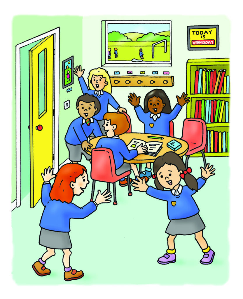 Illustration of Kate in school the next day talking to her friends.