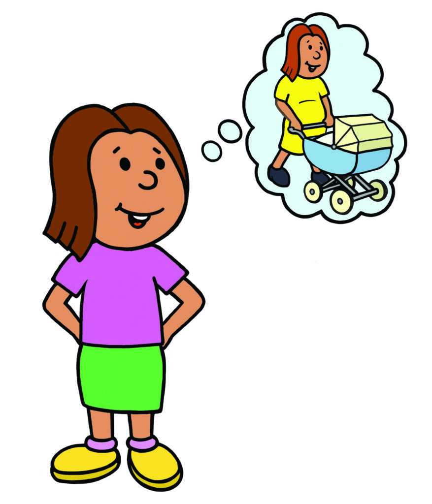 An illustration showing a young girl imagining herself pushing her baby in a pram in the future.