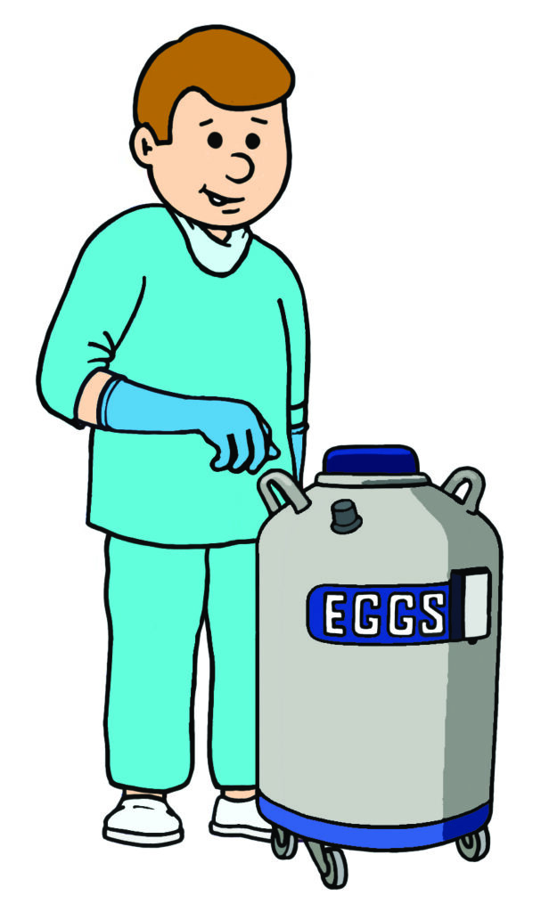 An illustration of a scientist standing over the freezer tank where eggs get stored.