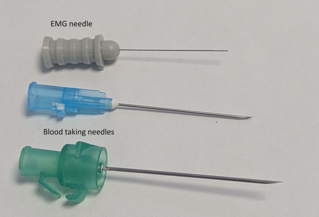 Image of a EMG needle and blood taking needles