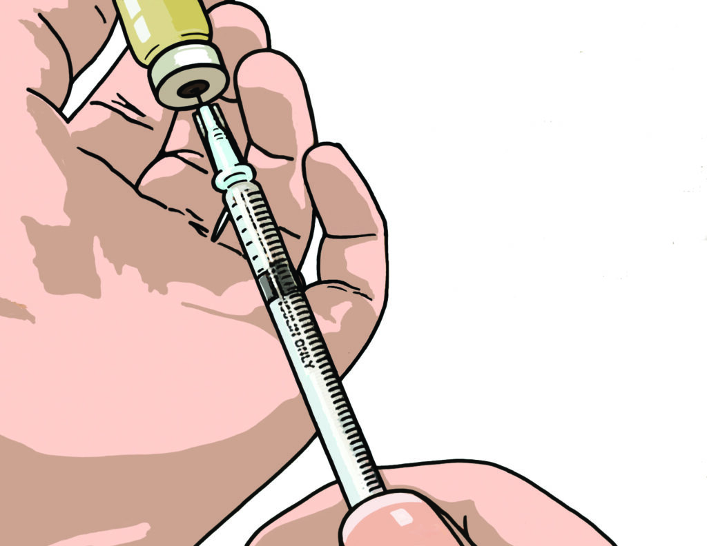 Illustration of someone preparing a needle. Some IVF hormones are given by injections. Most women learn to do this for themselves. 