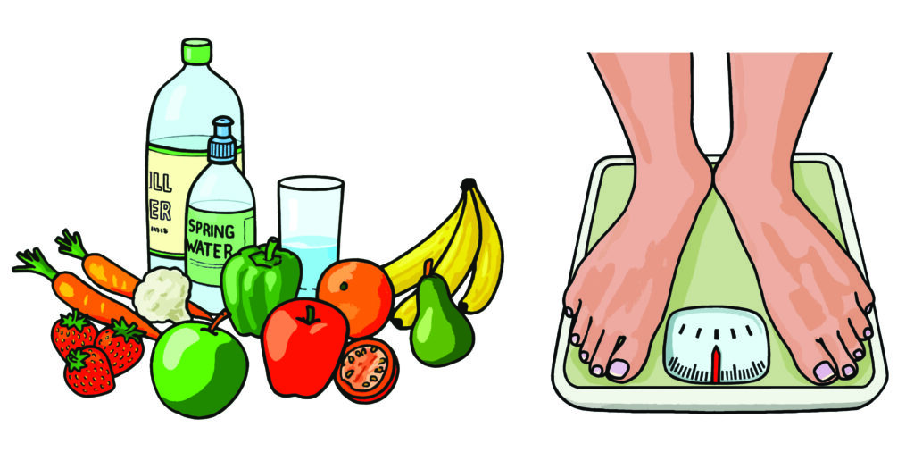 An illustration showing healthy foods and someone weighing themselves.