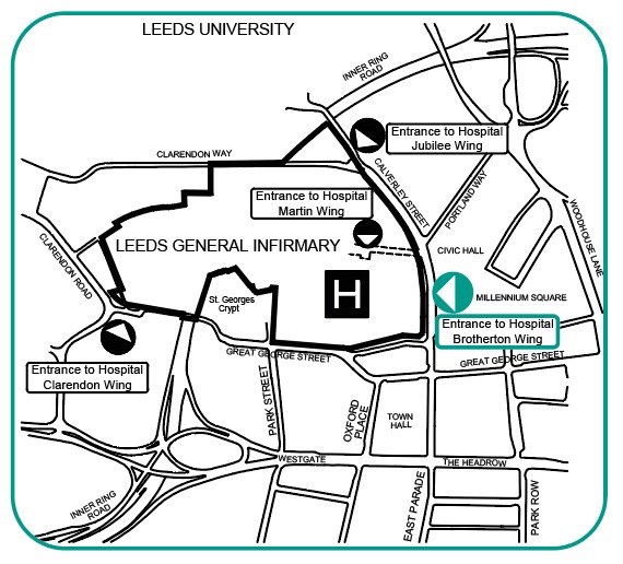 Map showing the entrance to the hospital via brotherton wing