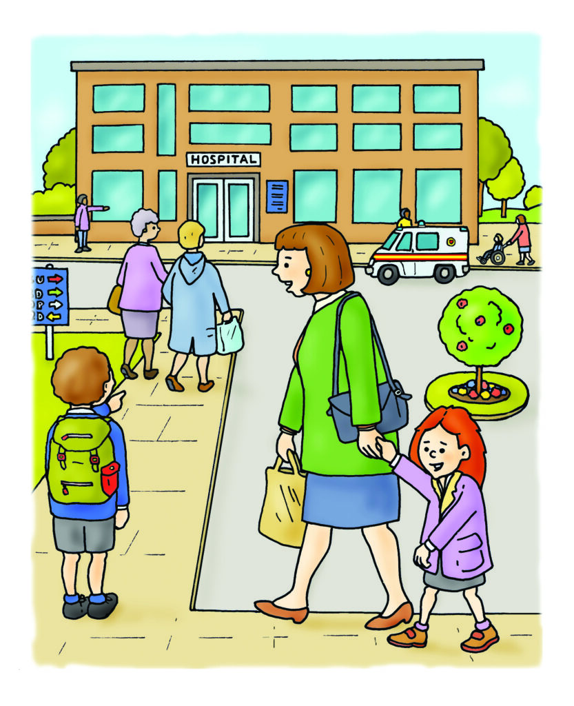 Illustration of Kate holding her mummy's hand on her way to the hospital along with Sam.