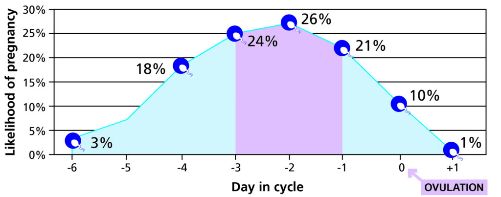 A graph showing the best time in the cycle to conceive (ovulation day minus 2).
Image adapted from https://britishfertilitysociety.org.uk/fei/when-are-women-men-most-fertile
