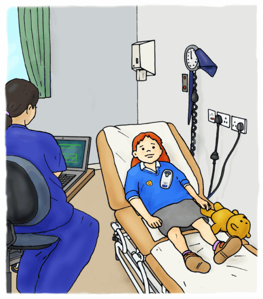 Illustration of Kate in hospital laying on a hospital bed. She has a small machine on her chest that the physiologist is using to talk to her pacemaker.