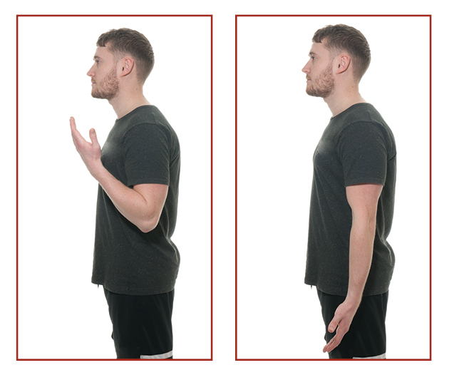 Photograph from the side of a person stood up. In the first picture they have their elbows bent with their hands raised, in the second picture their arms are straight down by their side.