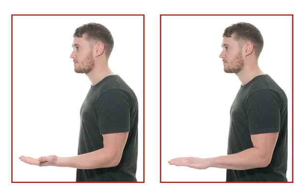 2 Photographs from the side of a person stood up, they have their elbows bent at right angles. In the first photo their hands are palm upwards, in the second photo they have rotated their hands so they are now palm face downwards.