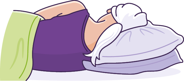 Illustration of someone laying in bed on their side, their head is raised on 2 pillows.