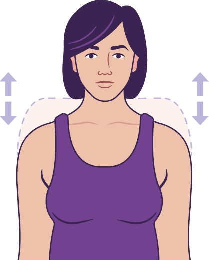 Illustration of a person doing the shoulder exercises described. The person has her shoulders relaxed, then raised upwards. This is shown with arrows.