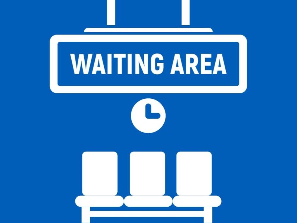 Blue and white graphic of a waiting room.