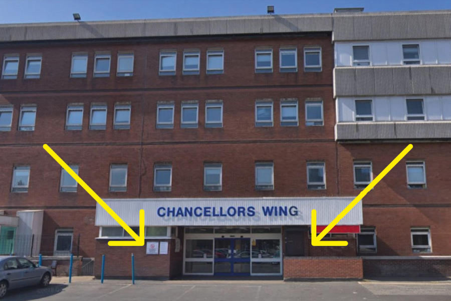A photo of the Chancellors Wing entrance for emergency care from 13/12/2023.
