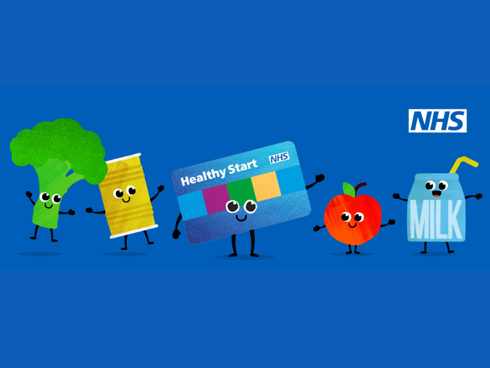 5 cartoon graphics in a line - green broccoli, yellow can, Healthy Start card, red apple and blue milk carton.
