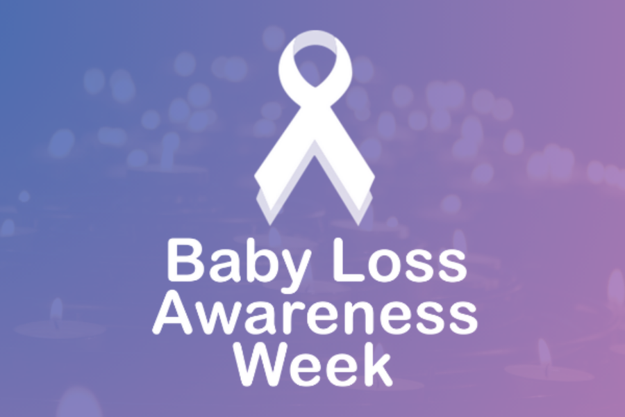 Pink and Blue colours with faded candles in the background. Baby Loss Awareness Week logo with blue and pink ribbon in the middle.