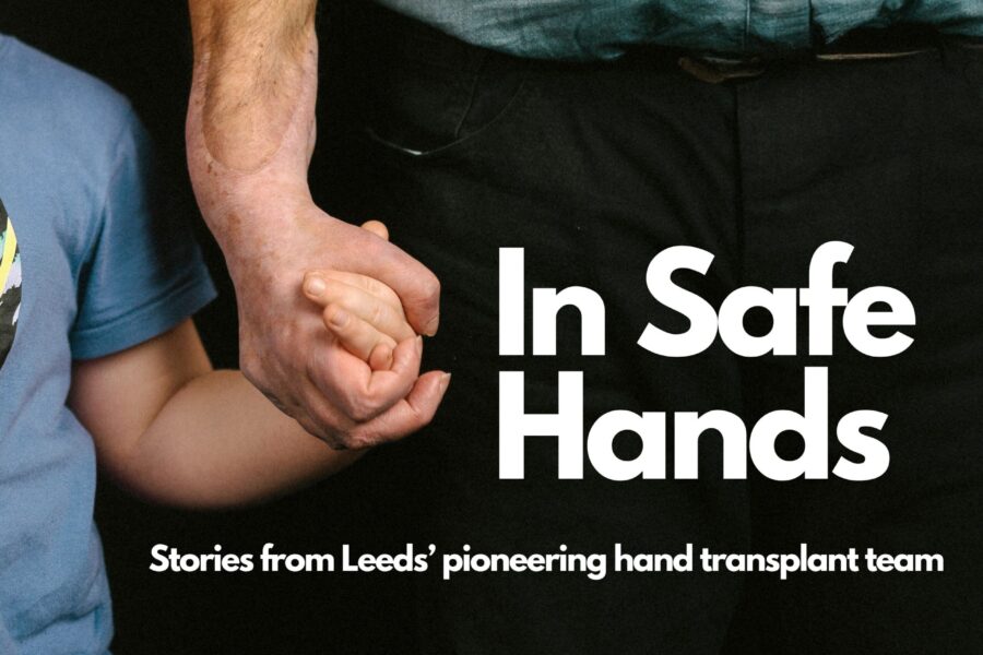 Child and adult holding hand. Text - in safe hands