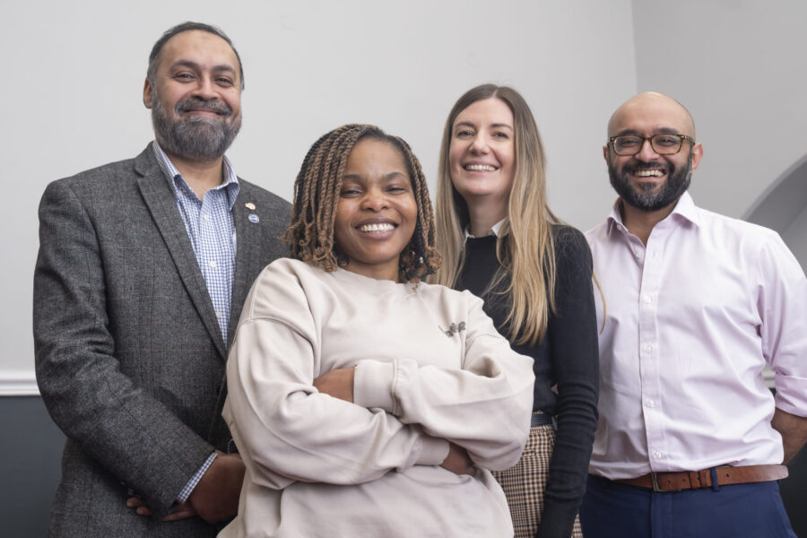 A photo of Ruvimbo Kaviya with members of the medical team who carried out the operation. From left to right; Mr Asim Sheikh, Ruvimbo Kaviya, Lisa Ferrie, Jiten Parmar.