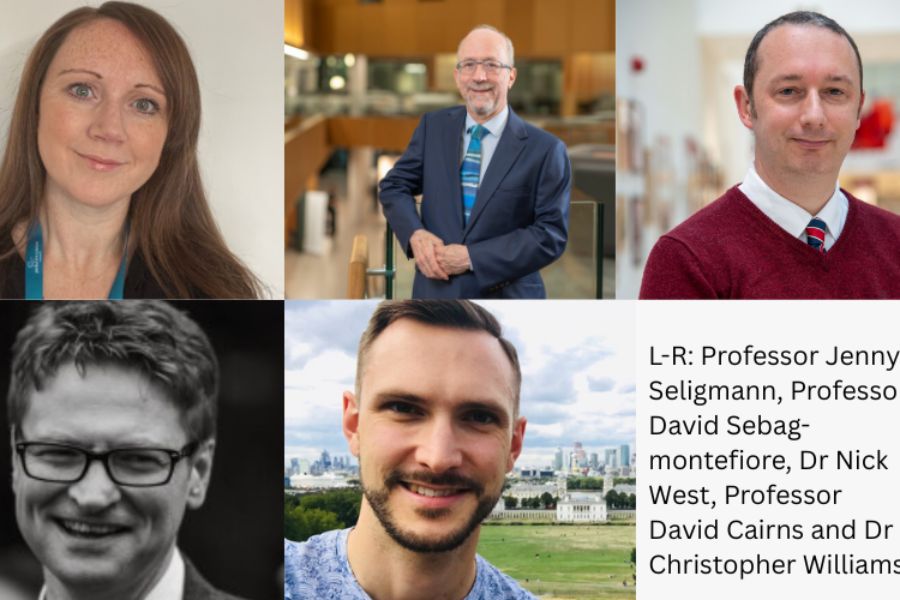 L-R: Professor Jenny Seligmann, Professor David Sebag-montefiore, Dr Nick West, Professor David Cairns and Dr Christopher Williams
