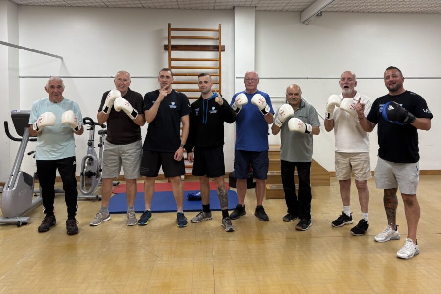 Photo caption: Left to right – patient John Manard, patient Paul Sharp, Joe Gledhill (Director, Trident Fitness), Chris Halliday (Instructor, Trident Fitness), patient Michael Creedon, patient Mansukhlal Chudasama, patient David Brown, and Chris Walsh (Director, Trident Fitness).