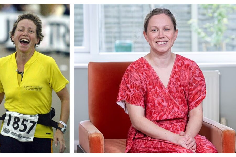 Two women; one is wearing a yellow running shirt and race bib; the other is seated and wearing a red dress