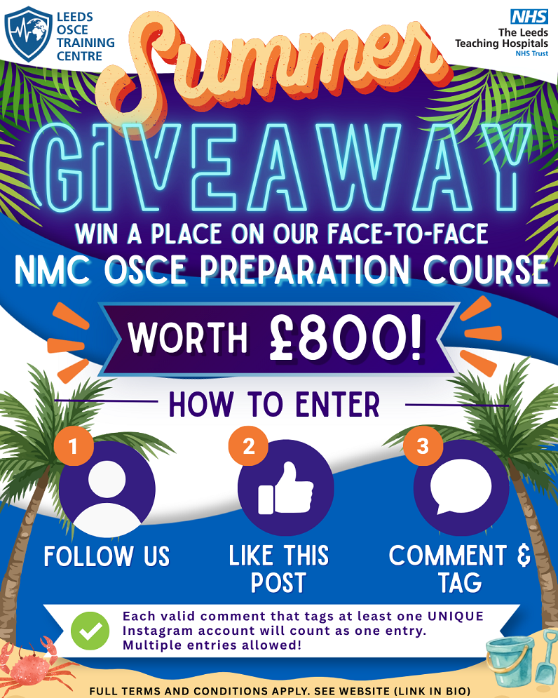 An image representing a graphical giveaway poster by the Leeds OSCE Training Centre at the Leeds Teaching Hospitals NHS Trust for a face to face MNC OSCE Preparation Course worth £800.